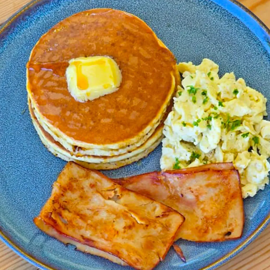 Pancake Breakfast with Eggs and Bacon